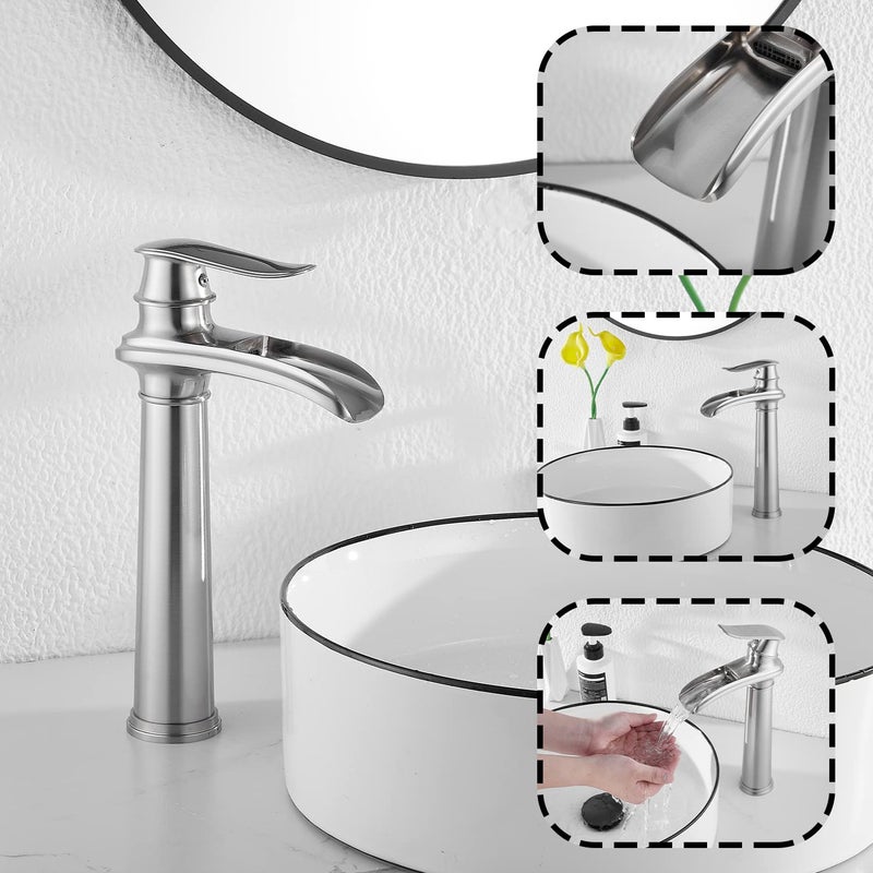 GGStudy Bathroom Faucet Brushed Nickel Waterfall Single Handle One Hole Tally Body Farmhouse Bathroom Vessel Sink Faucet Matching with Pop Up Drain - Image 4